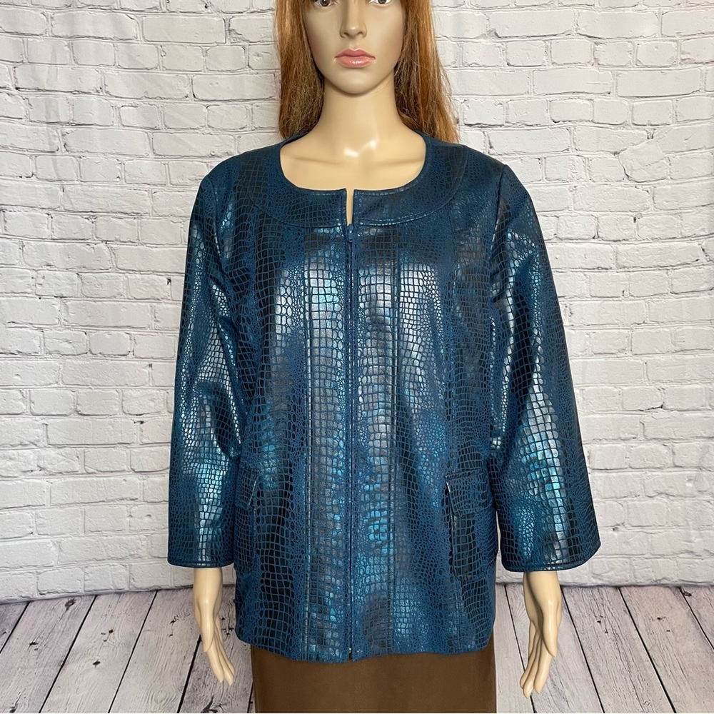 NWT New Susan Graver Style Blue Snake Print Pattern 3/4 Sleeve Jacket Size L
